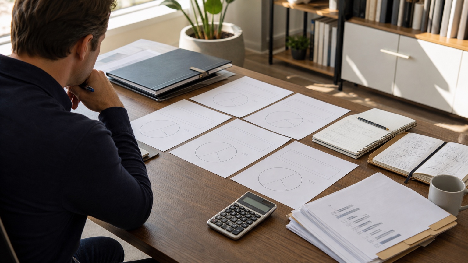 Business owner comparing ownership percentage scenarios, growth plan, investor terms, option pool notes, cash forecast, and calculator on a desk.