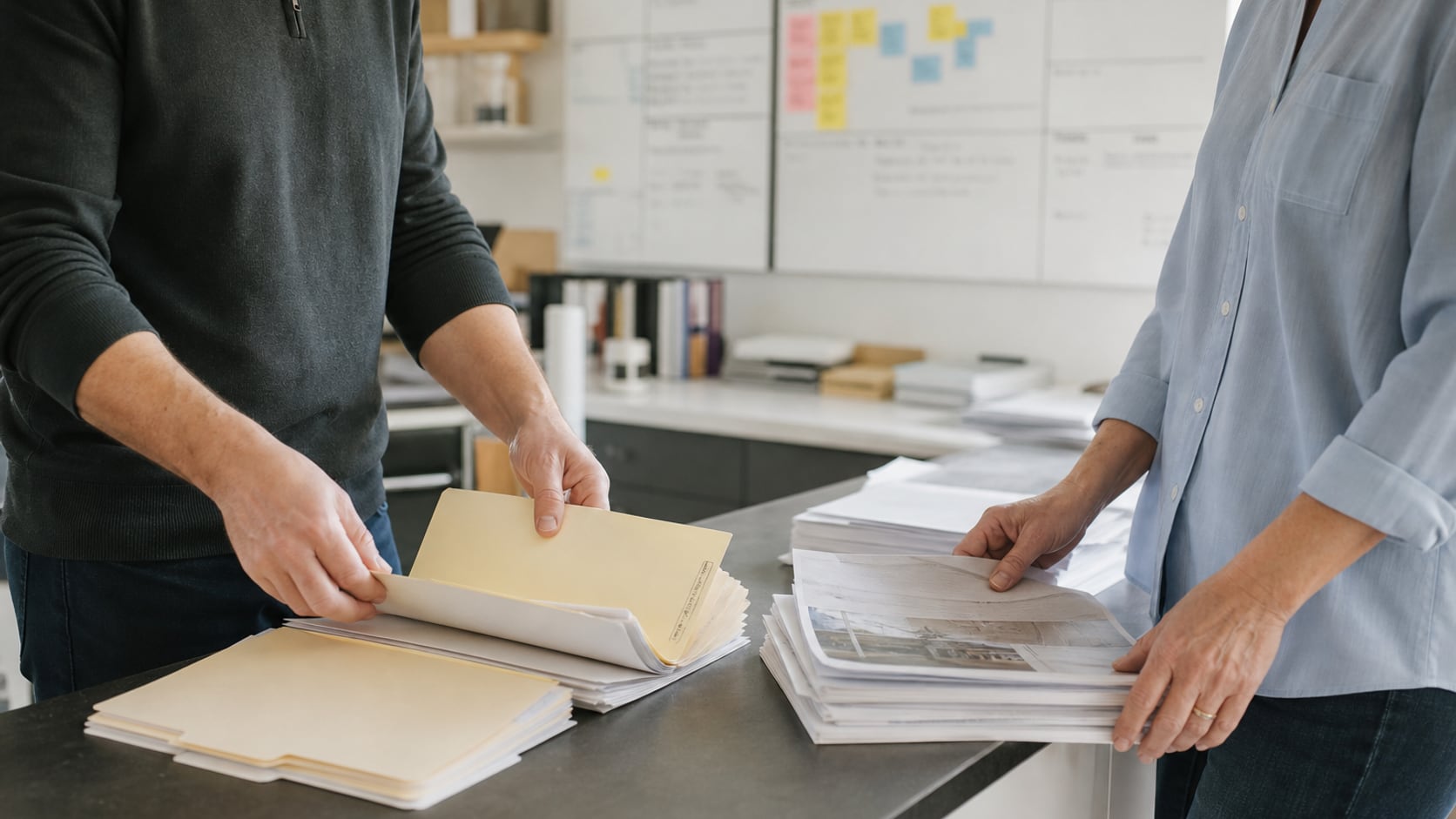 Two business operators sorting plain expense folders and protected delivery work in a light operations setting.