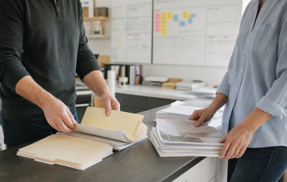Hands sorting plain business folders, delivery work, and blurred sales planning in a practical operations setting.