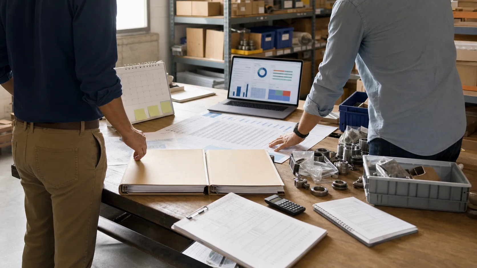 Business owner and operations lead reviewing supplier folders, inventory parts, purchase orders, delivery calendar, calculator, and supply status chart.