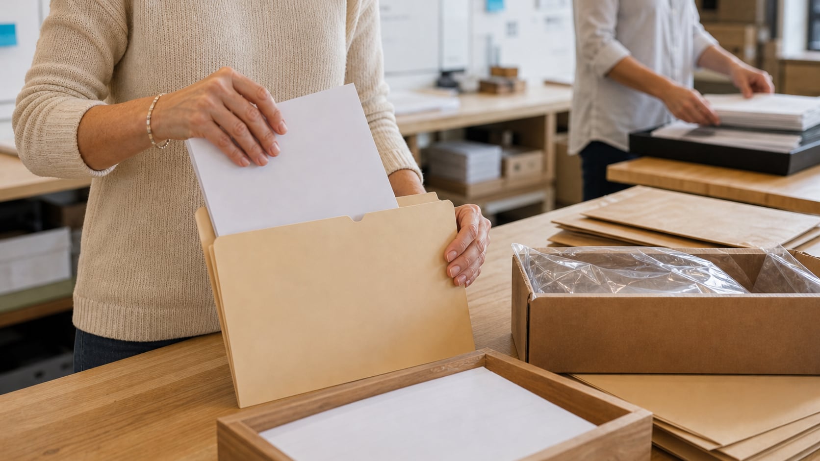 Owner placing a blank offer packet into a prospect folder while delivery work continues in the background.