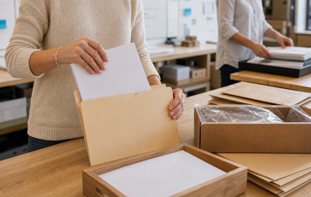 Close business scene with offer folder, delivery work, and unreadable planning notes in a light owner-led workspace.