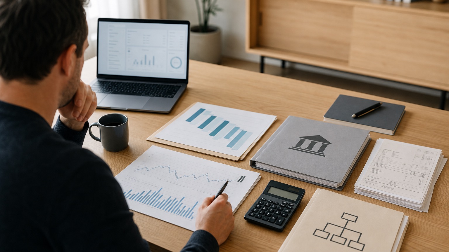 Business owner comparing a revenue chart, loan folder, ownership folder, cash forecast, invoices, and calculator before choosing financing.