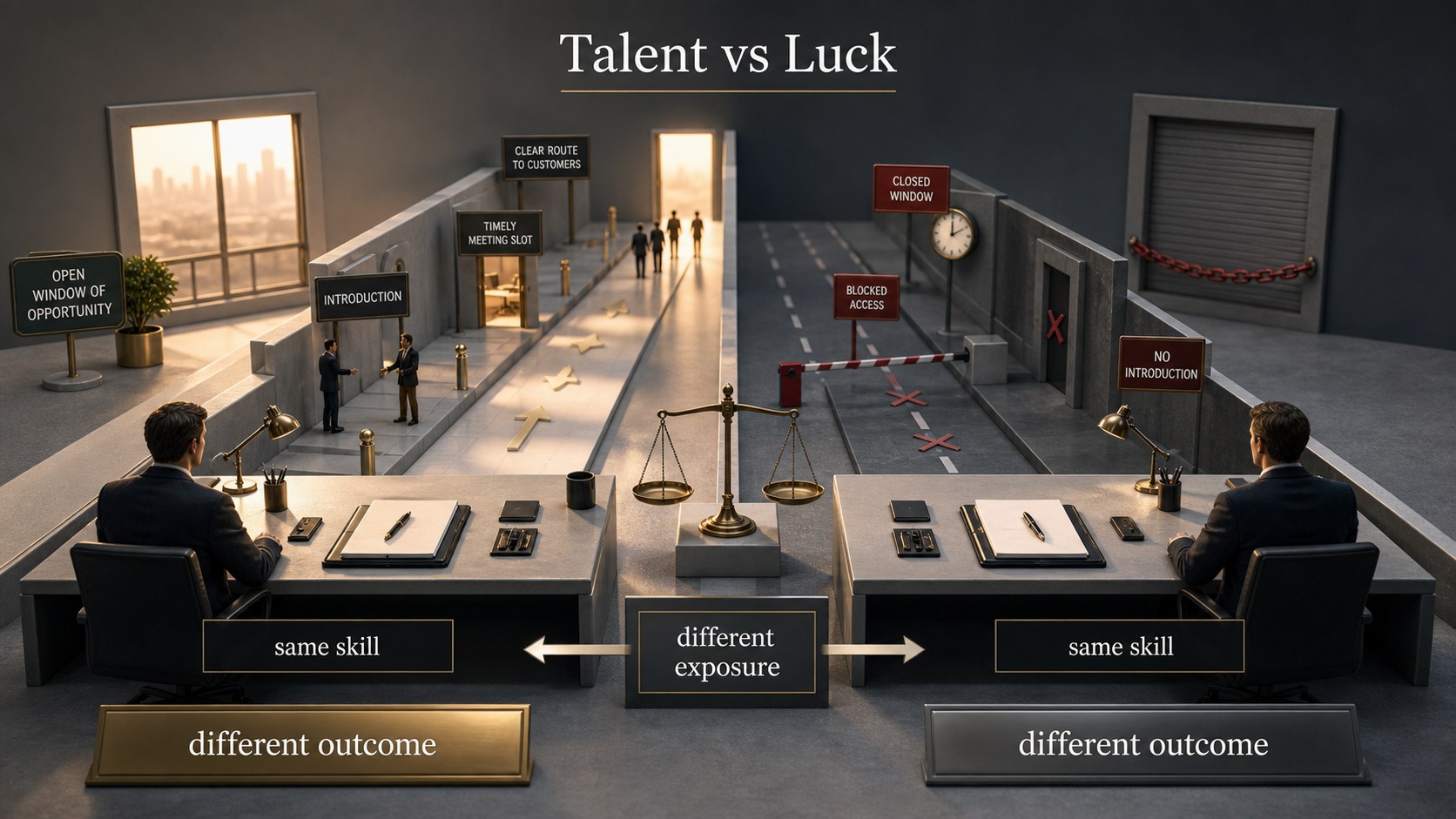 Talent matters in business, but luck, exposure, timing, and structure decide which talent gets the chance to compound.