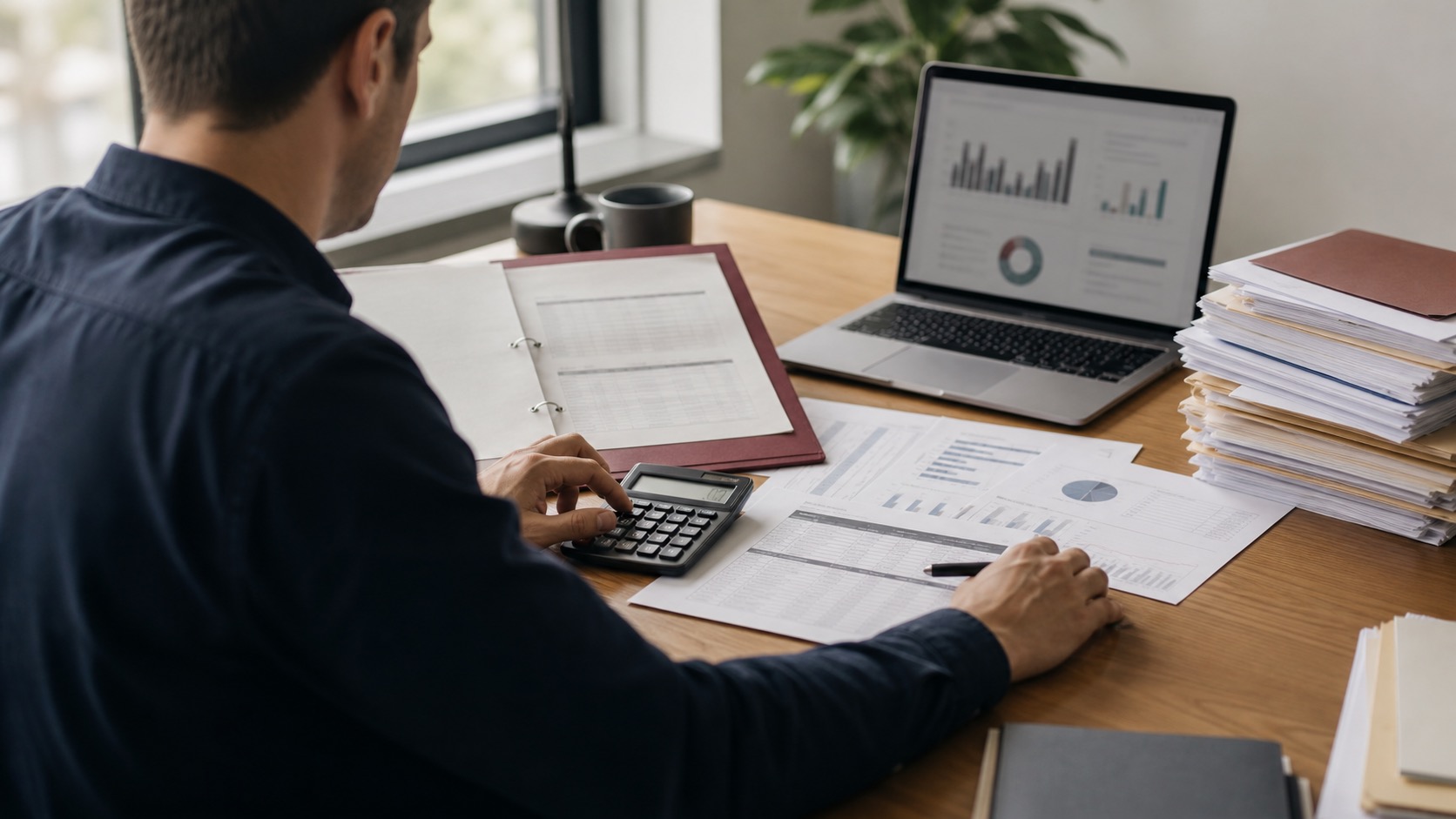 Business owner comparing loan covenant papers, cash forecast, monthly payments, invoices, and calculator before accepting business debt.