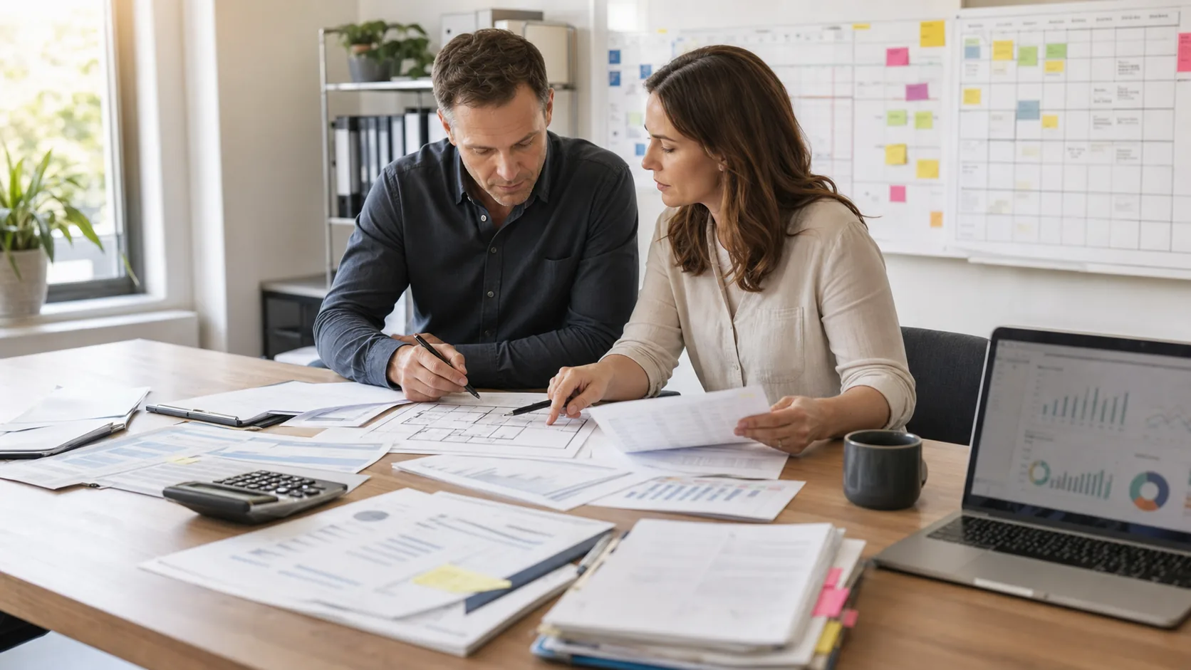 Business owner and operations lead reviewing capacity, cash timing, staffing, and expansion plans before signing.