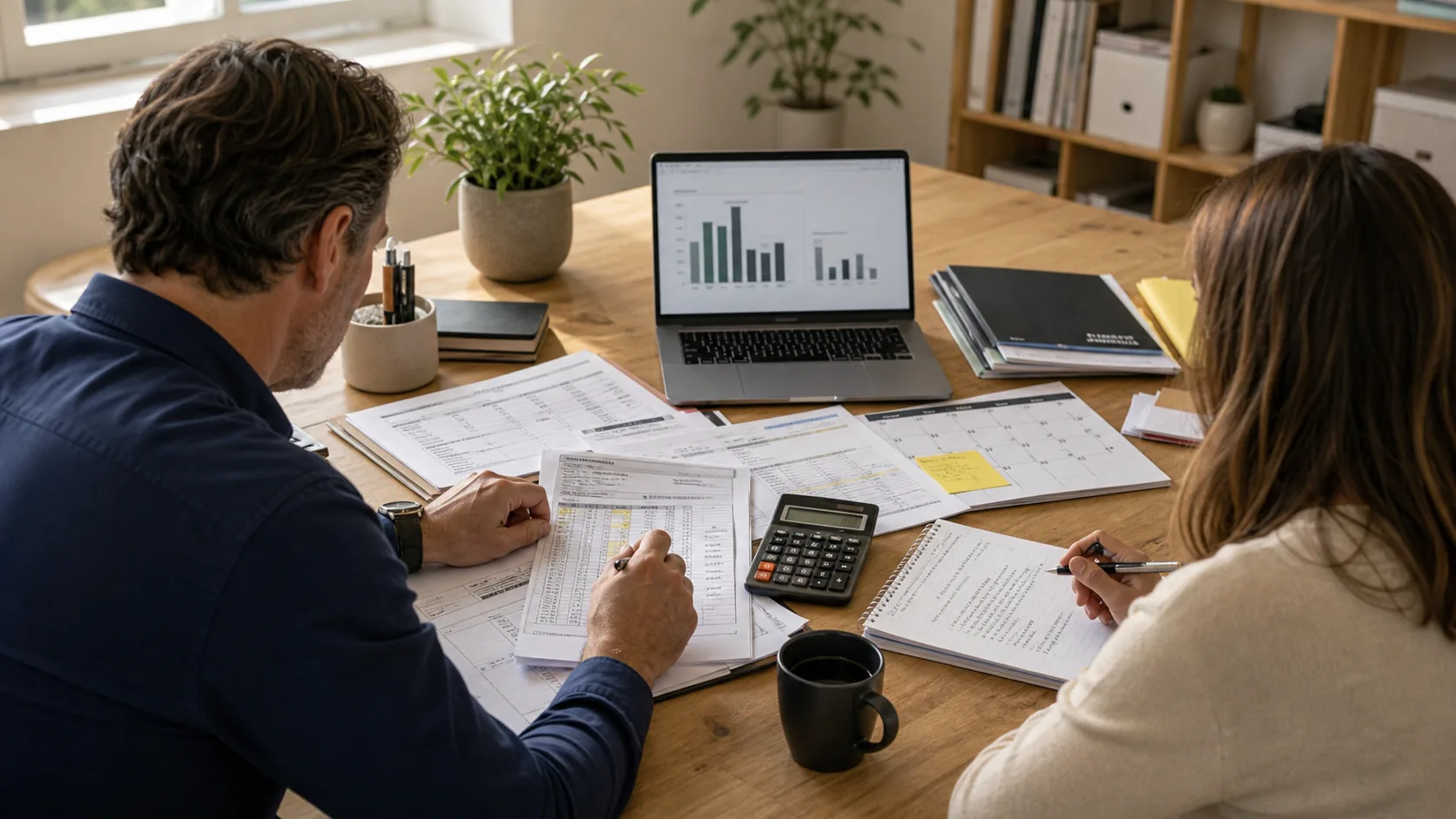 Business owner and operations lead reviewing invoices, payroll schedule, pricing worksheet, calculator, and margin chart.