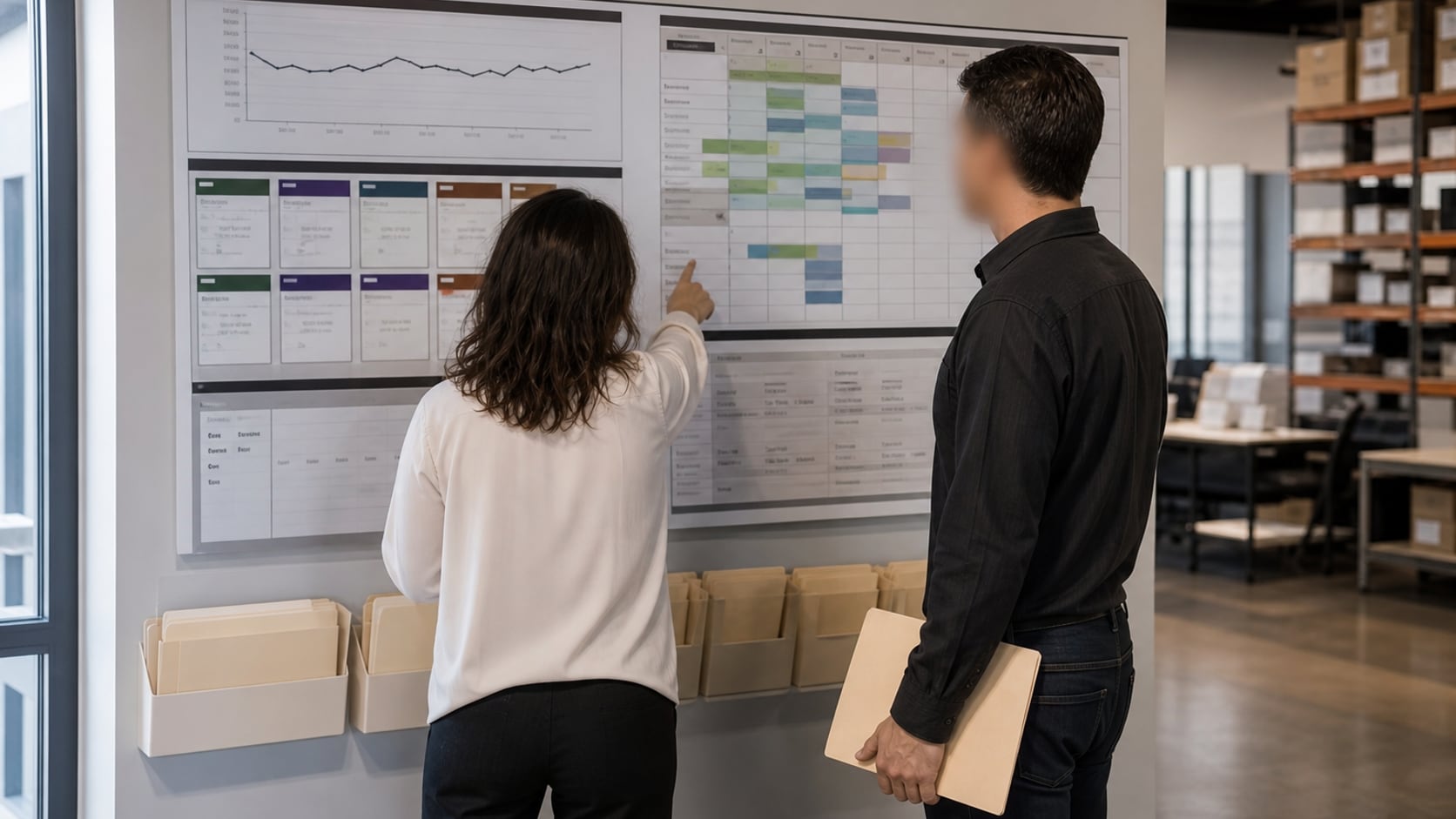Two business operators standing by an unreadable operations board with a flat trend line, pipeline blocks, and capacity planning.