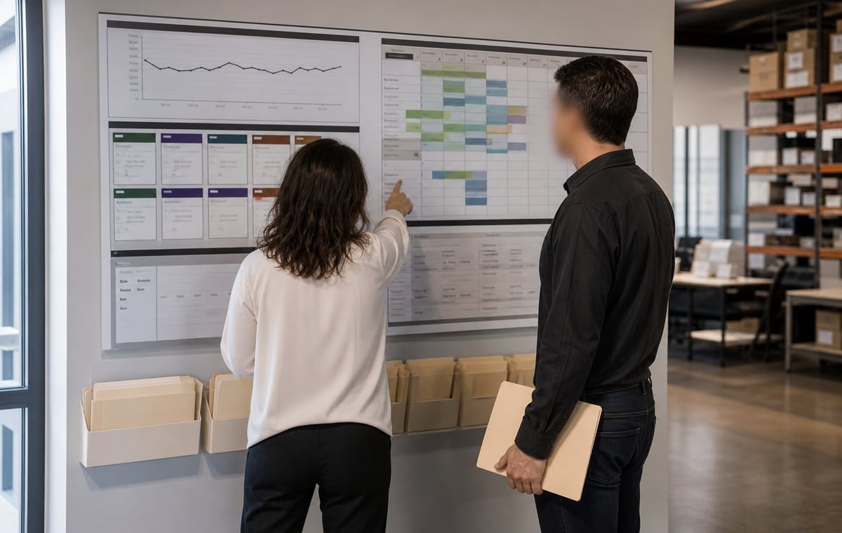 Business operators near an unreadable planning board with flat trend, capacity blocks, and delivery files.