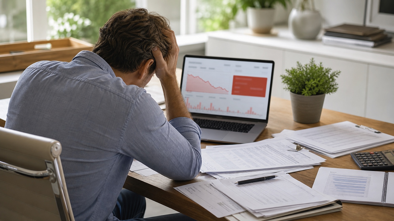 Business owner looking at a cash dashboard with loan papers, invoices, bills, payroll papers, and a calculator on the desk.