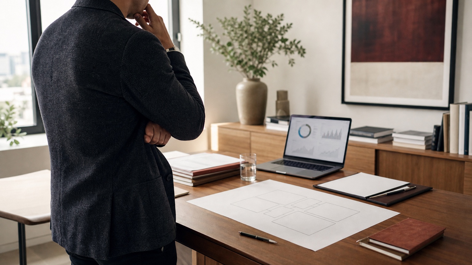 Business owner looking at an ownership map, growth plan, cash forecast, and investor terms on a desk.