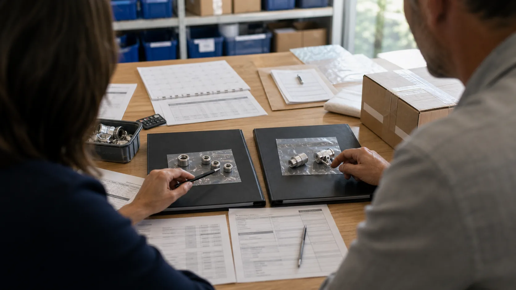 Business owner and operations lead comparing two supplier folders, sample parts, delivery calendar, test shipment box, and purchase paperwork before adding a second supplier.
