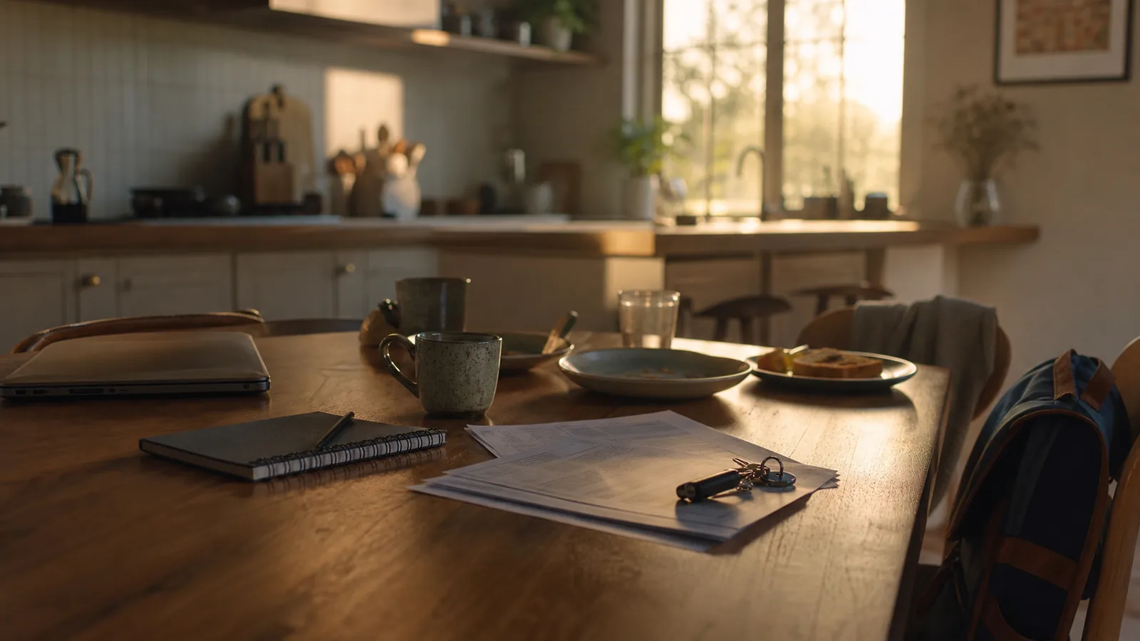 Morning kitchen table with closed laptop, business notebook, plates, and a child backpack showing business obligations entering family space.