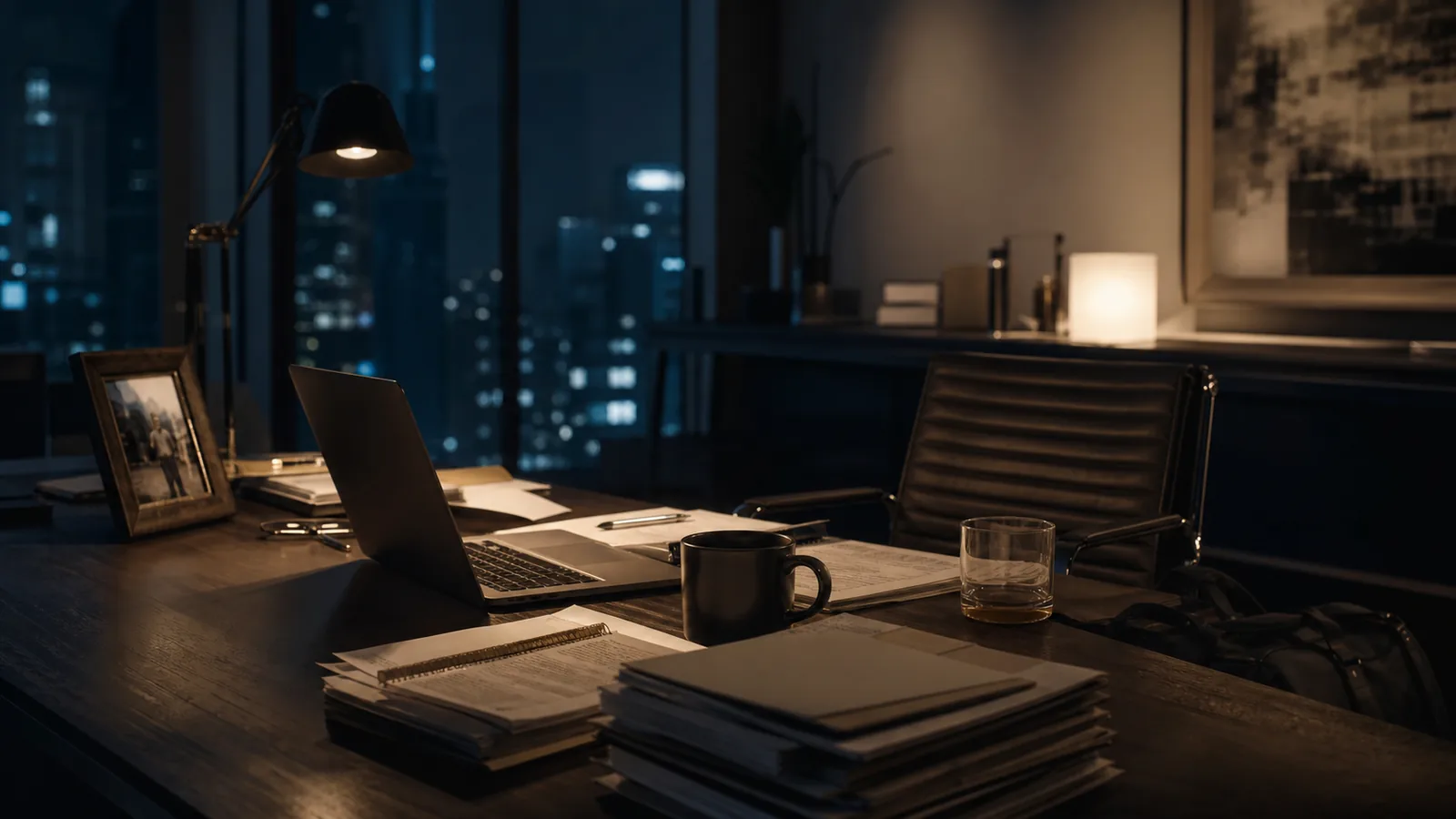 Late evening executive office with an open laptop, business papers, cold coffee, a family photo, and a gym bag showing owner strain after business growth.