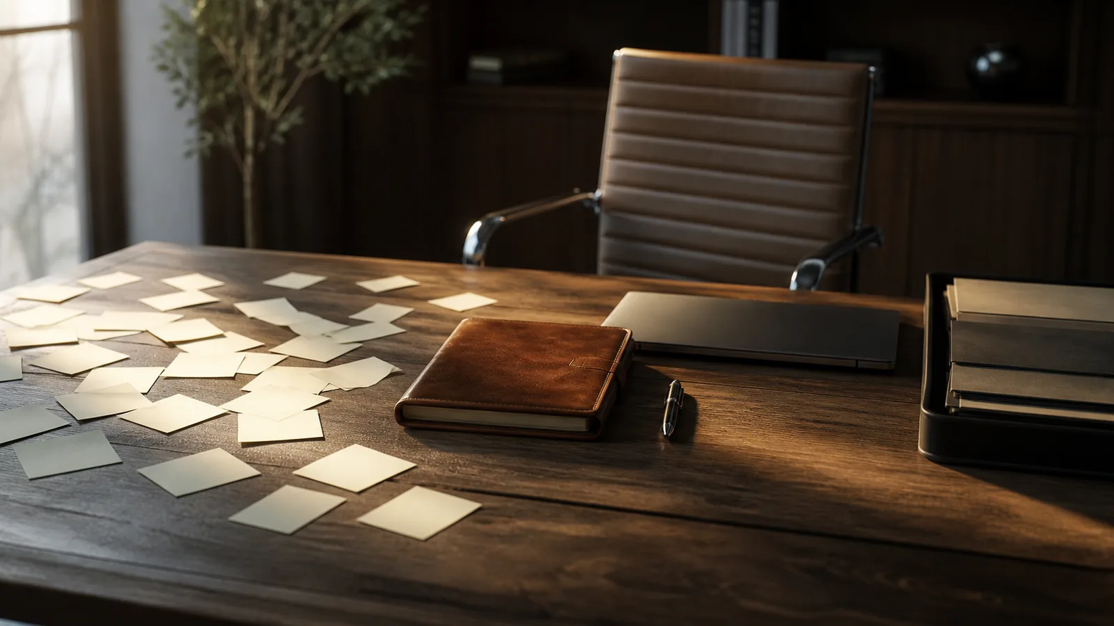Executive worktable with blank sticky notes, clean planner, closed laptop, pen, sorted folders, and empty chair showing disorder being sorted into business order.