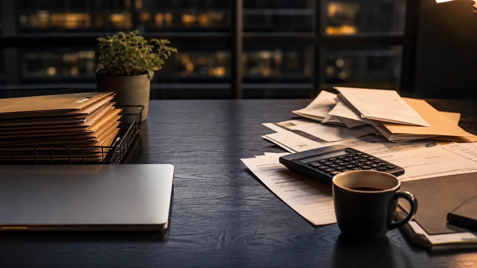 Office desk with customer folders, closed laptop, calculator, blank bank papers, envelopes, and coffee showing revenue activity without cash relief.