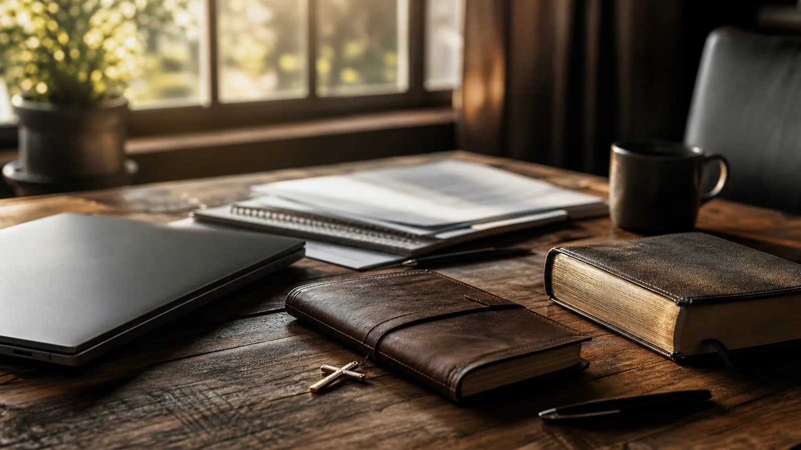 Wood desk with closed laptop, leather notebook, understated Bible, simple cross object, and business papers in warm morning light.