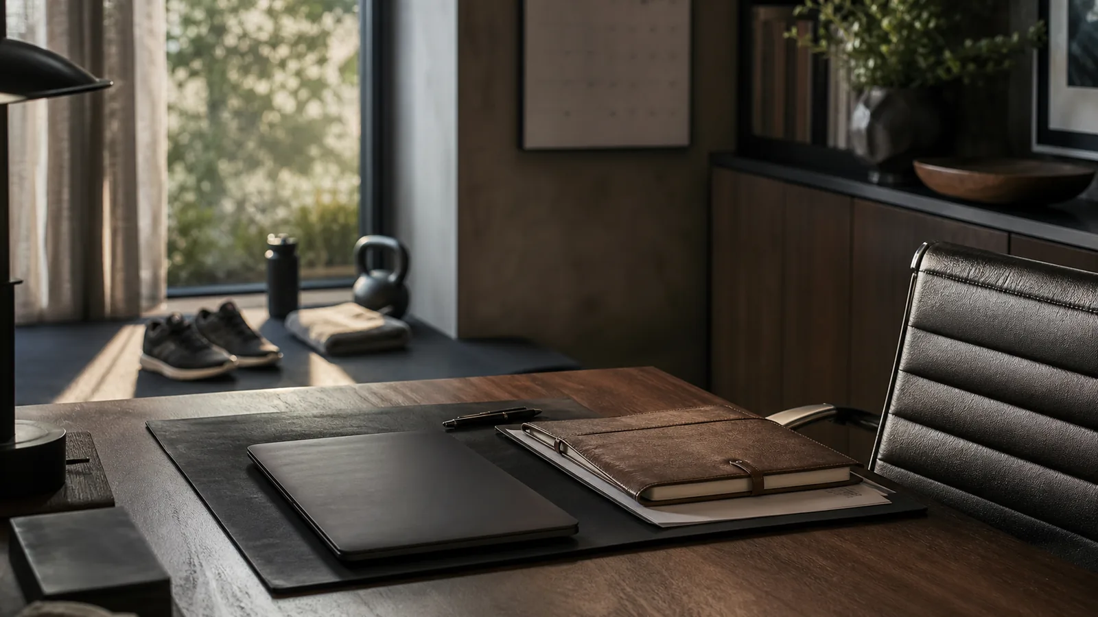 Private office with closed laptop, training shoes, kettlebell, water bottle, and notebook showing fitness as part of owner operating condition.