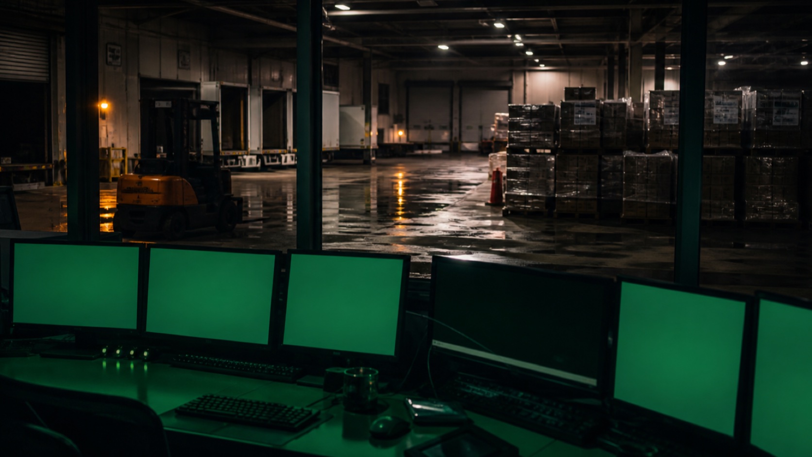 Green status screens glow while unsent work remains in an idle loading area.
