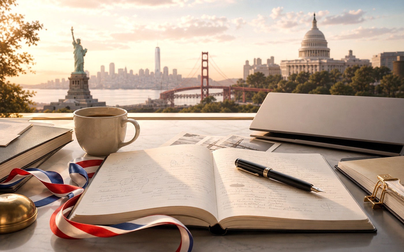 Premium editorial desk scene with an open notebook, fountain pen, American ribbon, laptop, and blended American landmarks in warm morning light.