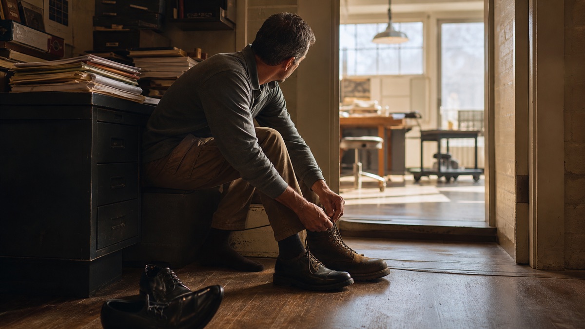 A business owner seen from behind changing from polished dress shoes into work boots beside client folders, with an open doorway ahead.