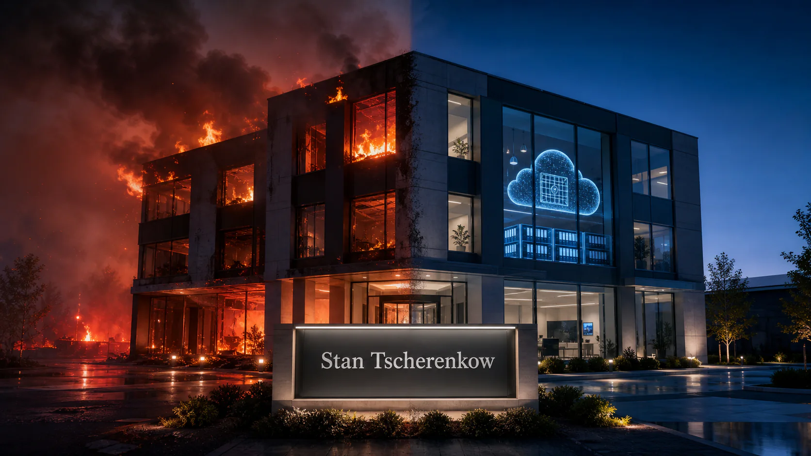 A modern office building burning on the left while a protected, cloud-backed workplace remains operational on the right, with a foreground sign reading Stan Tscherenkow.
