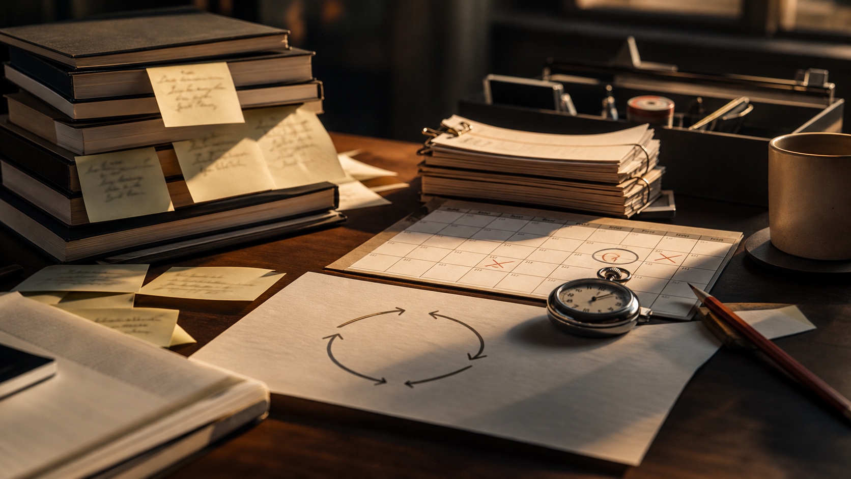 A decision desk with books, notes, a marked calendar, a stopwatch, and a paper decision loop.