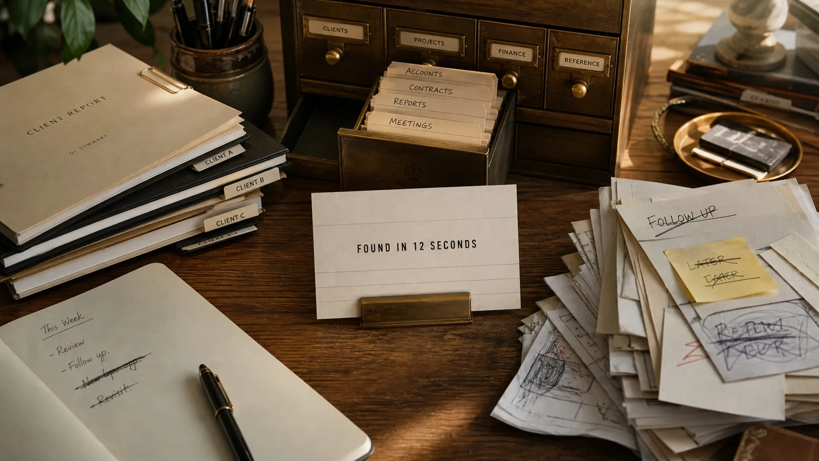 A field-note visual for retrieval discipline with labeled folders and a central card found in twelve seconds.