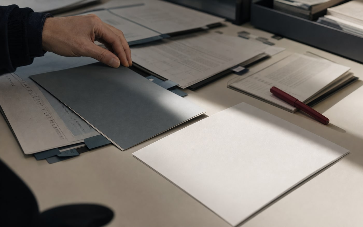 Close editorial detail of a hand moving one work file away from crowded documents toward a clear page.