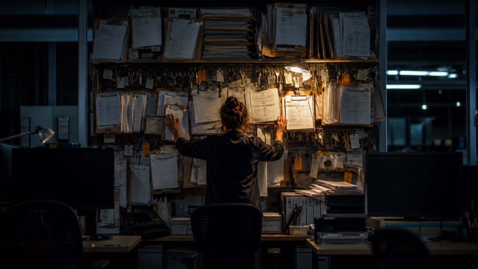 One employee holds together a wall of keys, schedules, and exception files after hours.