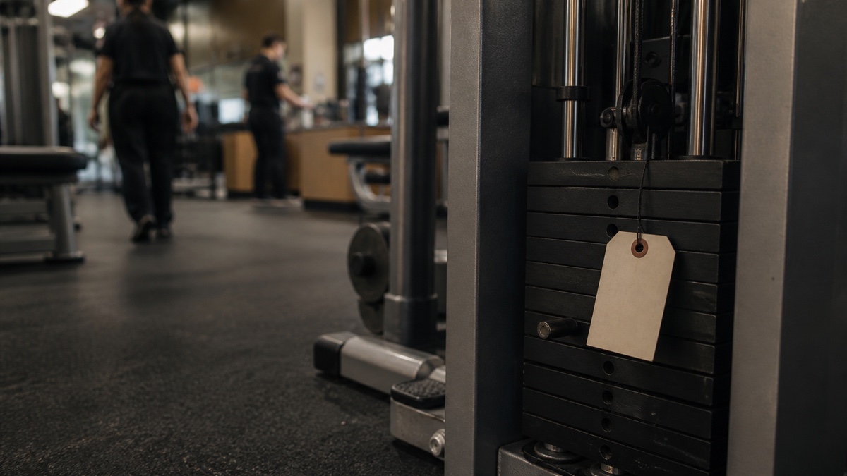 A close view of a gym weight-stack selector beside a blank out-of-order tag, with staff visible in the background.