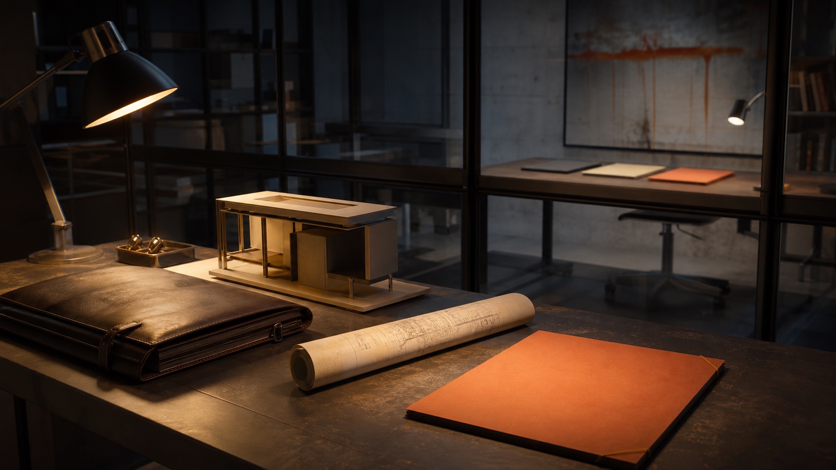 A carefully made architectural model, leather portfolio, sketch roll, and proposal folder sit in a late-night studio while three other proposal folders wait beyond a glass partition.