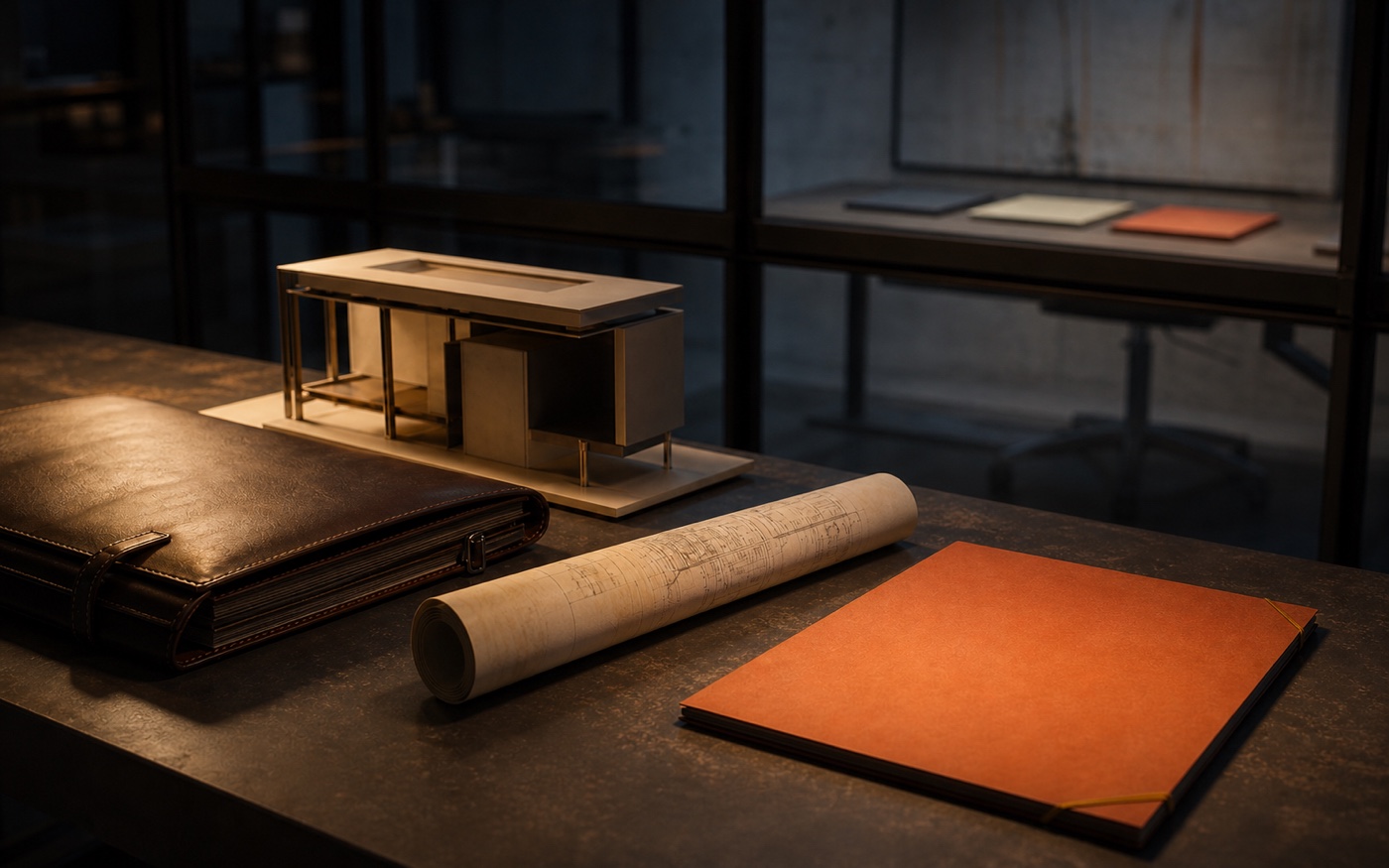 A closer view of a carefully made architectural model, leather portfolio, sketch roll, and proposal folder while three other proposal folders remain blurred beyond glass.
