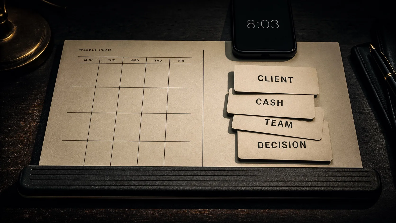 A weekly plan sits behind cards labeled client, cash, team, and decision while a phone shows 8:03 and a bumper protects the desk edge.
