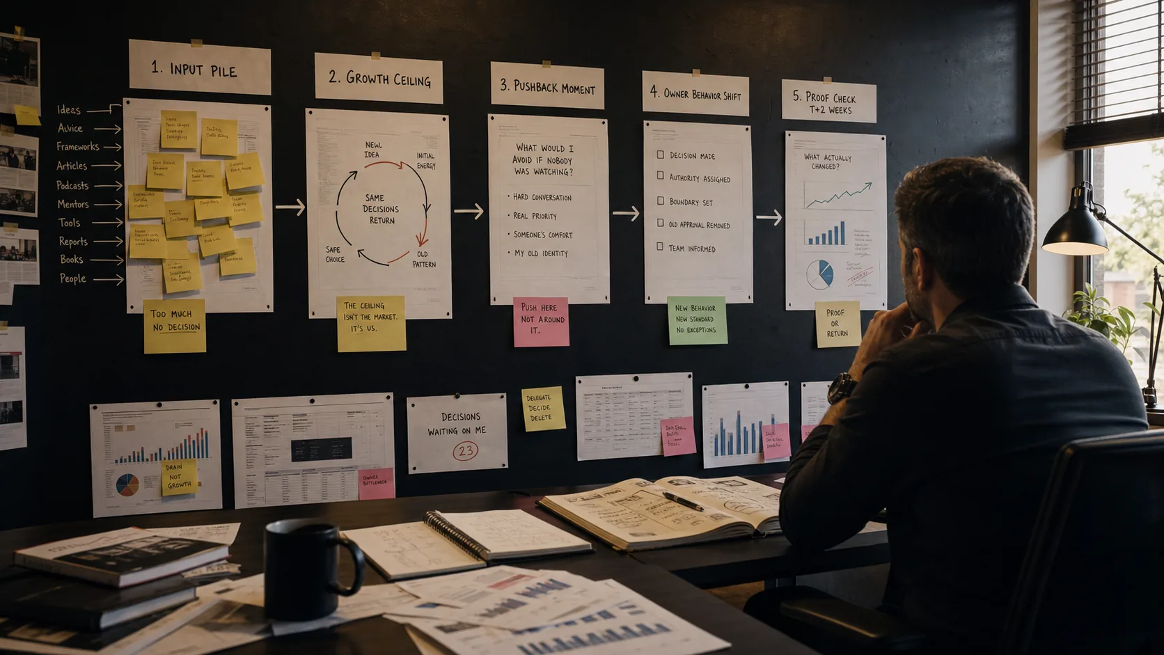 Owner studying a wall map that connects input, growth ceiling, pushback, changed behavior, and proof check.