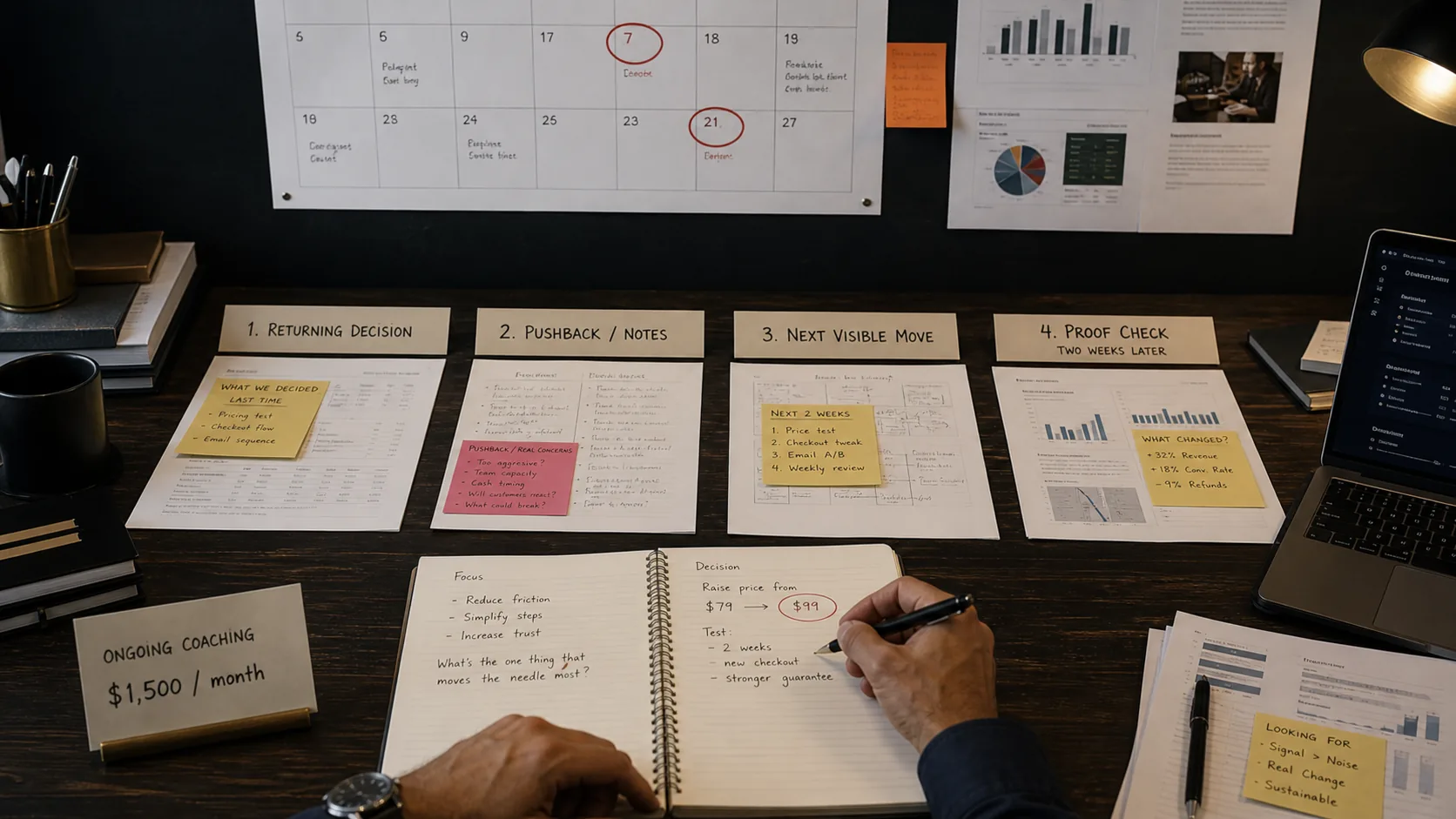 Premium desk scene showing a recurring decision, pushback notes, next visible move, proof check, and monthly coaching investment.
