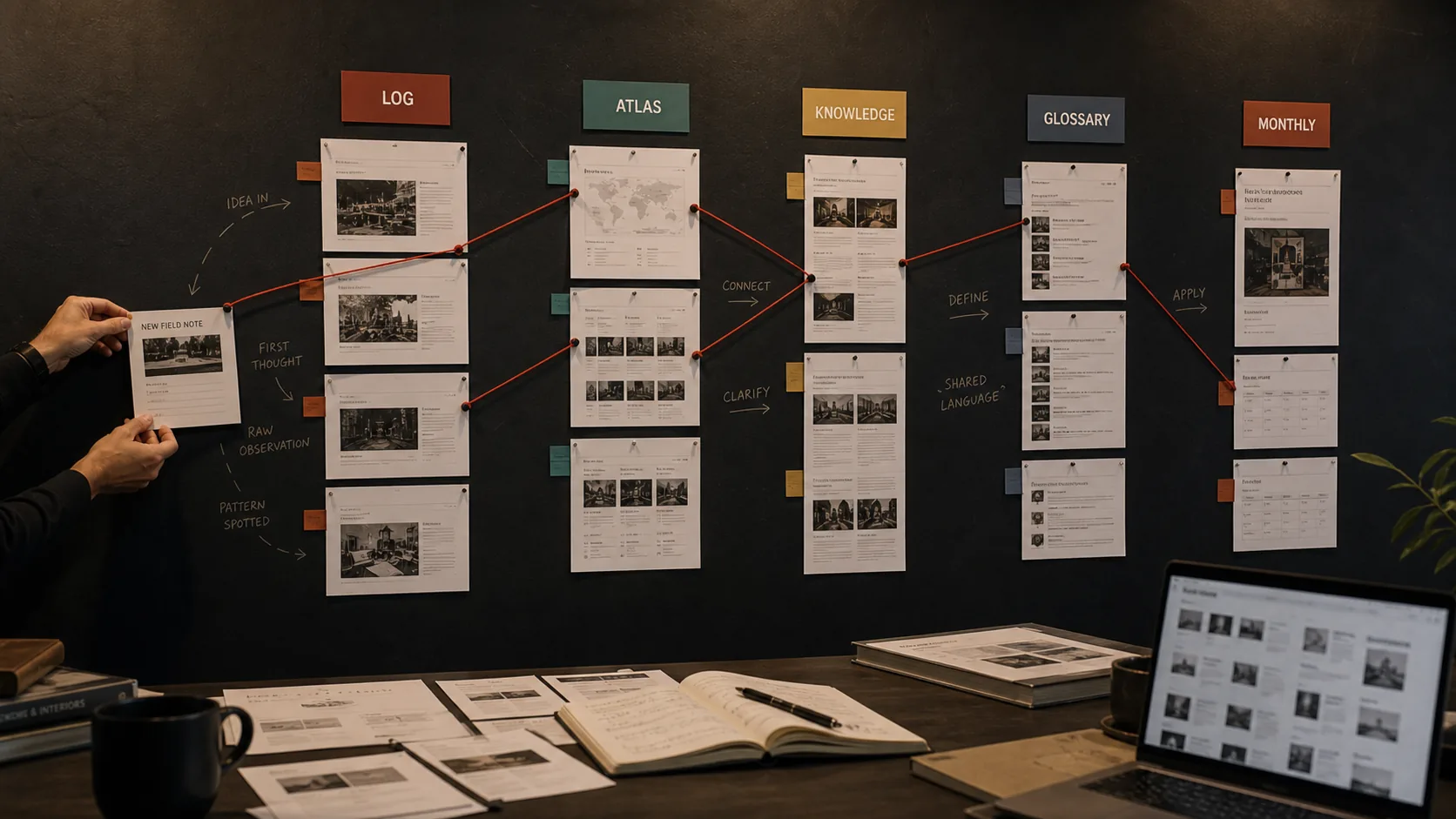 Physical route wall showing a Log field note connecting to Atlas, Knowledge, Glossary, and Monthly routes.