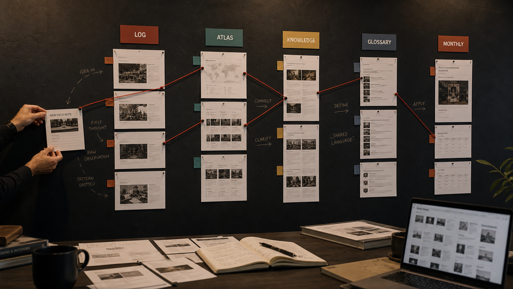 Route wall connecting the newest Log issue to Atlas, Knowledge, Glossary, and Monthly routes.