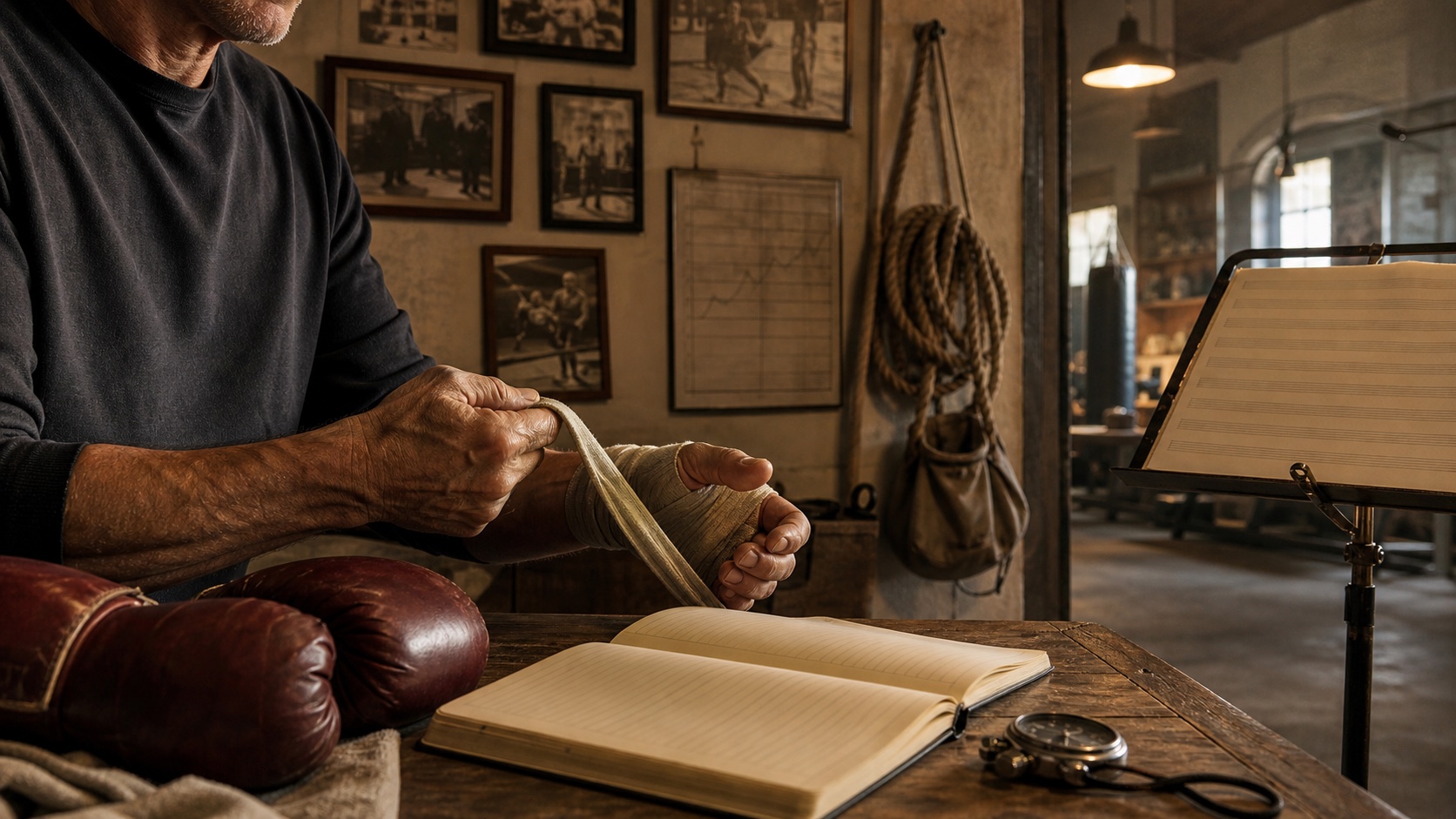 An anonymous older boxer wraps his hands at a worn training table with boxing gloves and old fight photographs behind him.