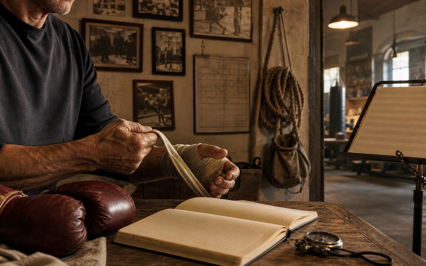 A tight crop of an older boxer wrapping his hands beside worn boxing gloves before training.