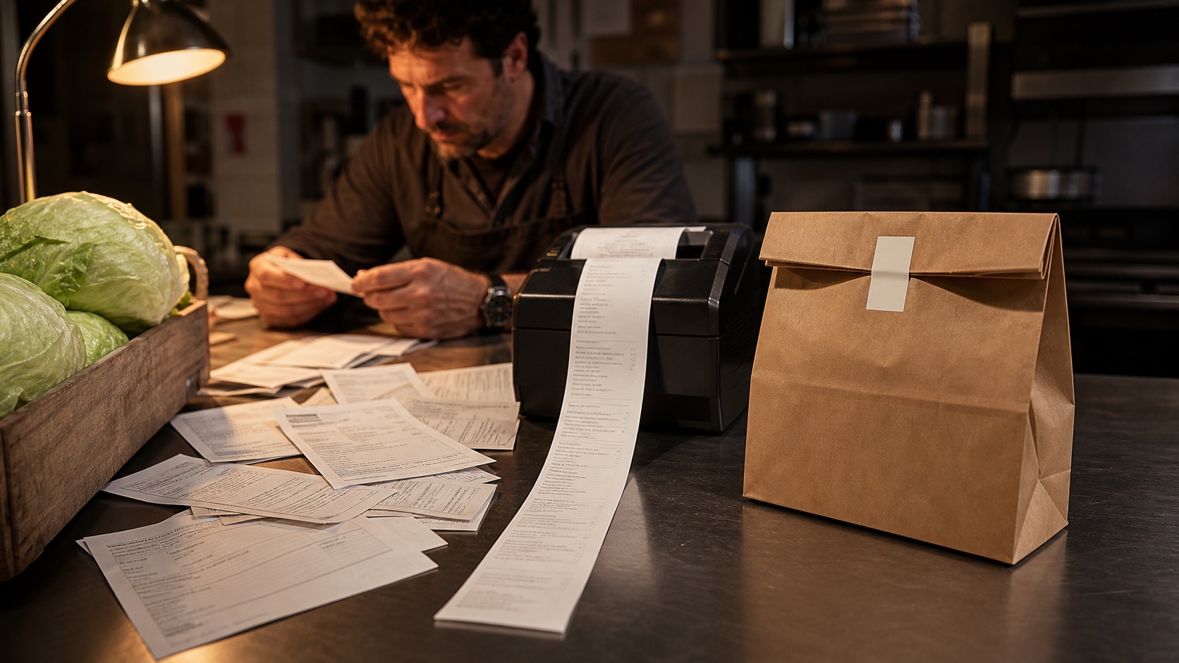 An after-hours restaurant counter where supplier paperwork and lettuce end at one customer receipt and takeout bag.