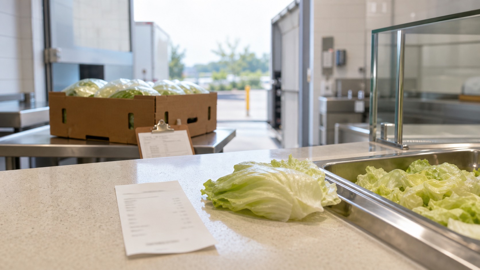 Iceberg lettuce at a bright service counter with an unbranded supplier crate and blurred receipt behind it.