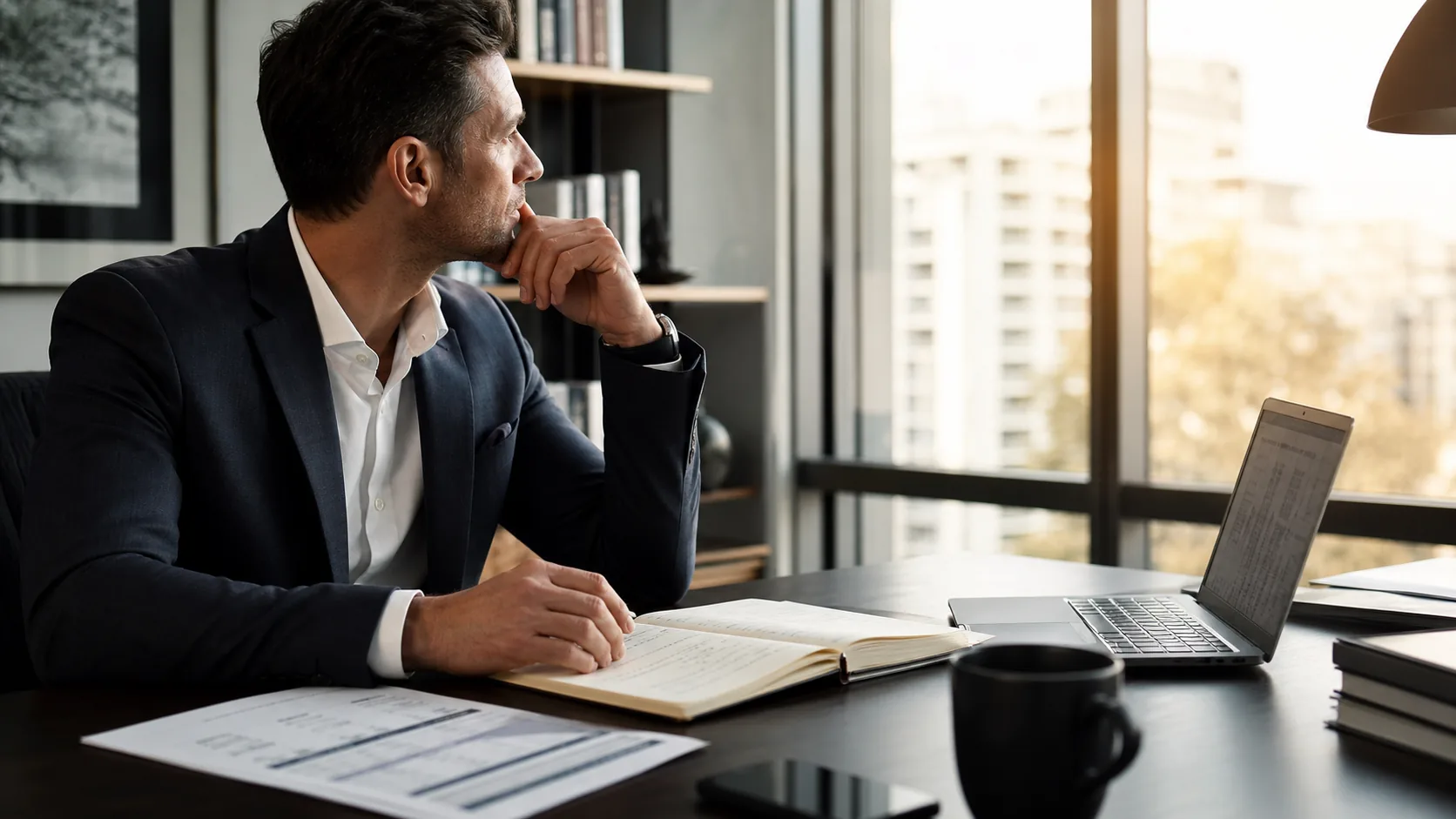 Business owner weighing an operating decision beside notes and company numbers.