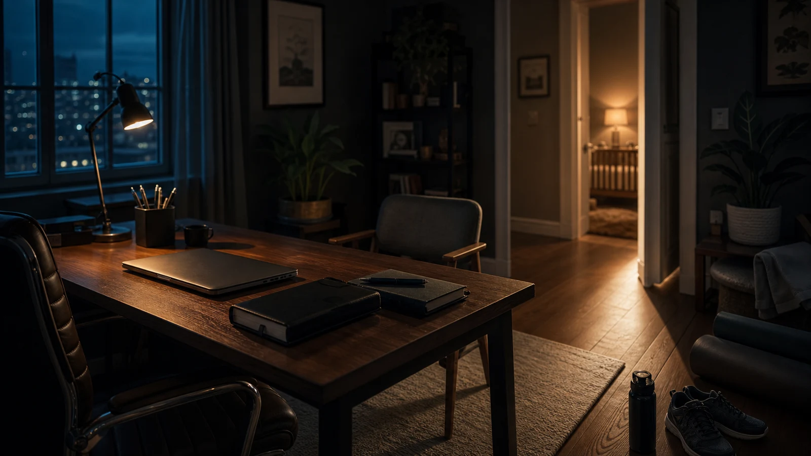 After-hours owner desk connecting business pressure, personal capacity, and the home.