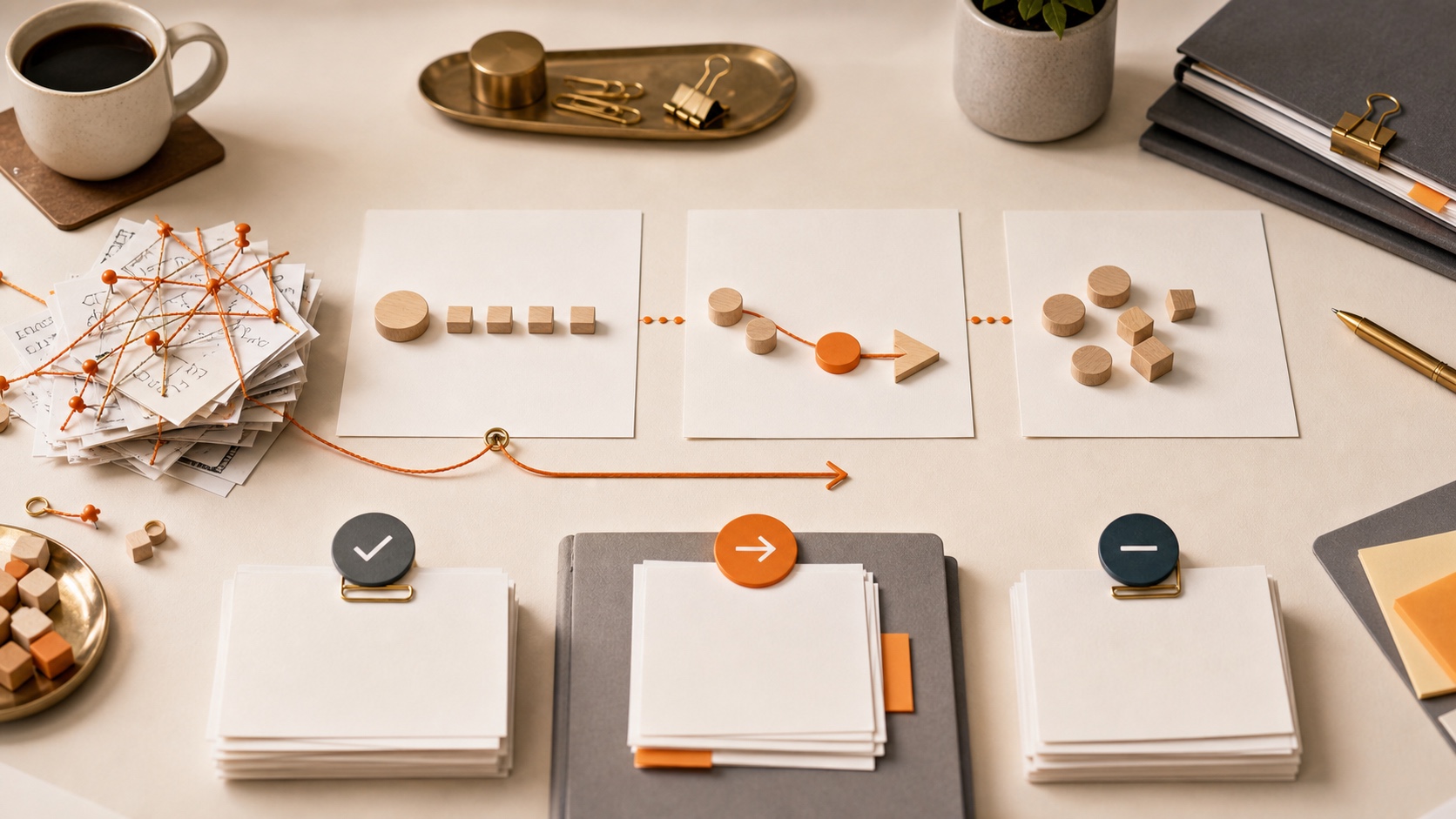 Bright AI-generated visual of messy business notes sorted into a clean first-move path and stop-doing pile.