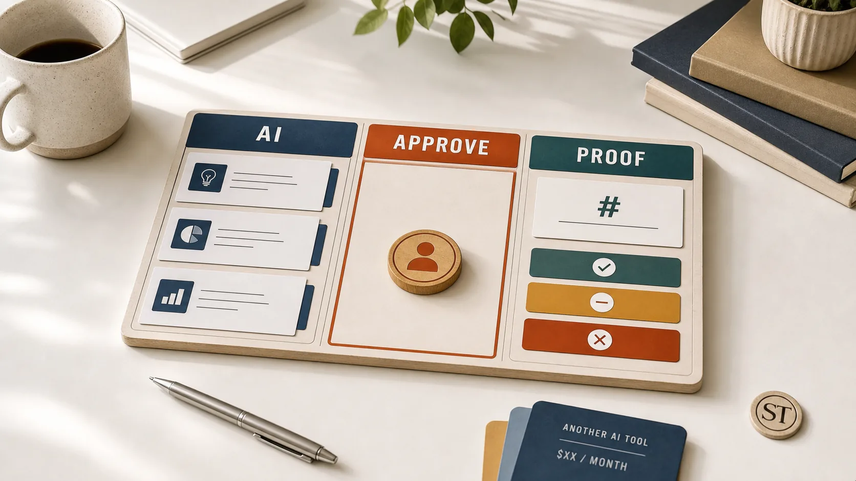 Owner responsibility board connecting AI output to human approval and proof before another subscription.